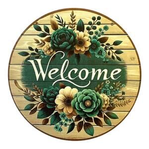 Welcome Sign 8” Round Rustic Farmhouse Floral Door Hanger Wall Home Décor